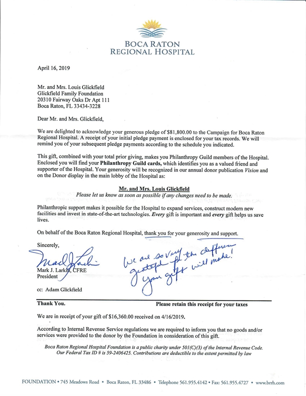 Boca Raton Regional Hospital Pledge Letter